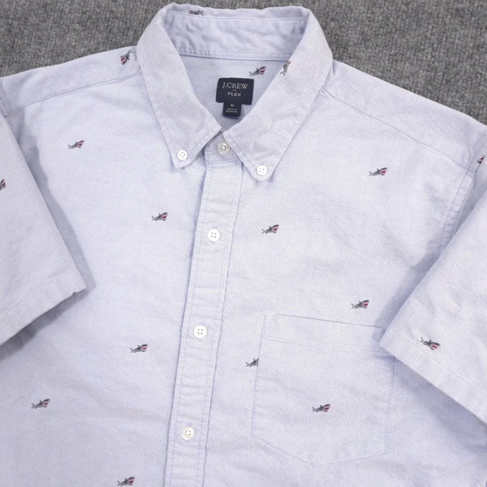J Crew Oxford Shirt Mens M Blue Embroidered Great White Sharks Flex Short Sleeve